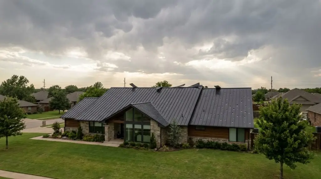 Hail-dented metal roof on an Oklahoma City home showing signs you need roof repair immediately